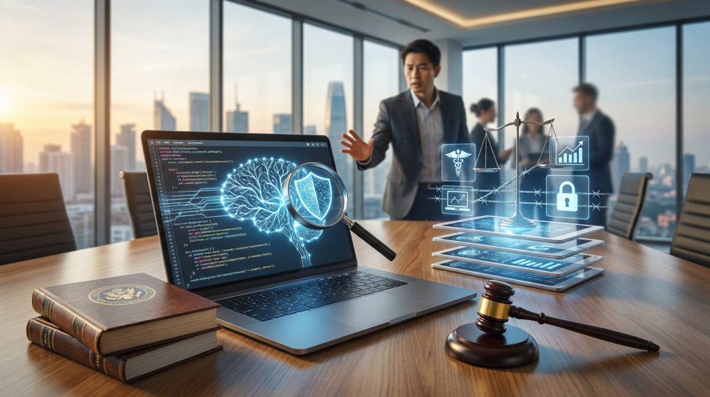 laptop displaying ai content compliance, magnifying glass with shield, scales of justice, and a gavel.