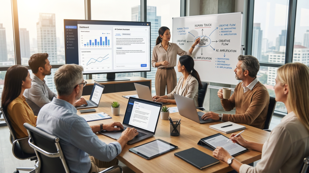 a group of professionals engaging in ai content creation training around a conference table.