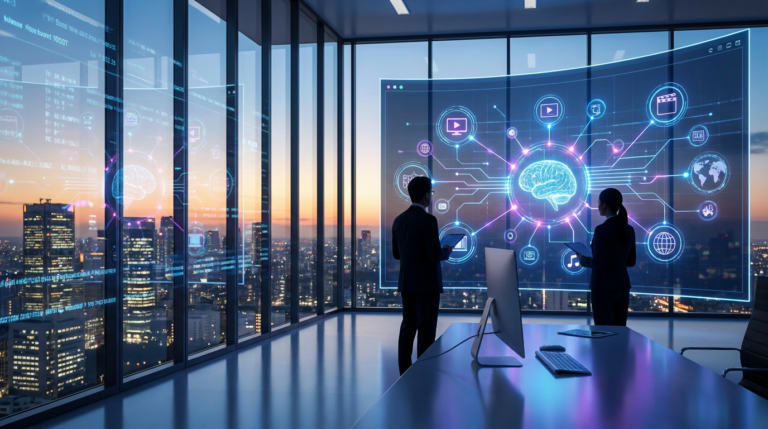 executives in a modern office, overseeing ai content distribution visualized on a large screen with a city view.
