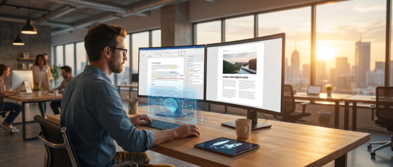 man using dual monitors with ai content editing tools, brain hologram, office sunset cityscape background