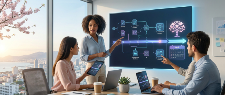 three colleagues discussing ai product launch workflows shown on a large screen