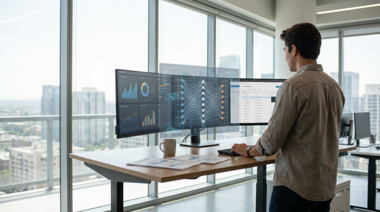 man overseeing multiple screens displaying data visualizations and ai content governance tools in a modern office overlooking a city.