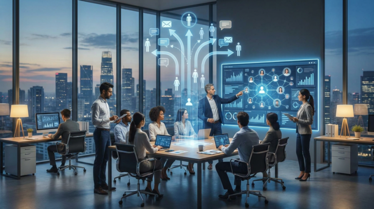 a diverse team collaborating on ai content personalization strategies, viewing data projections in a modern office with city views.