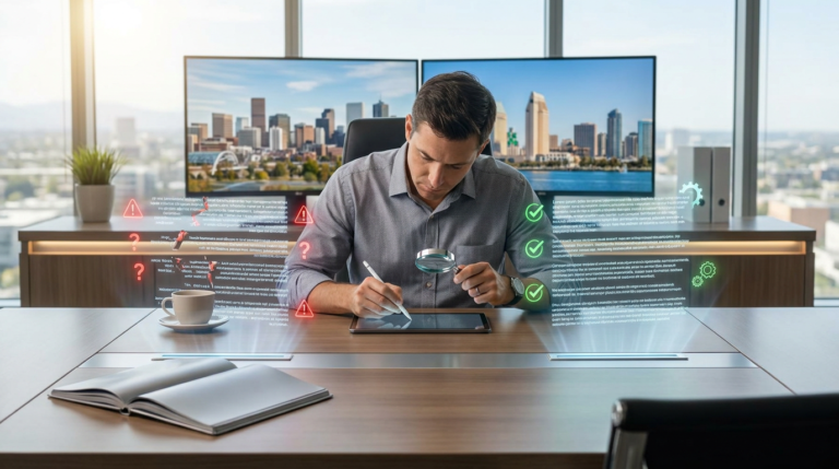 man using stylus and magnifying glass for ai content quality assurance, with holographic text.