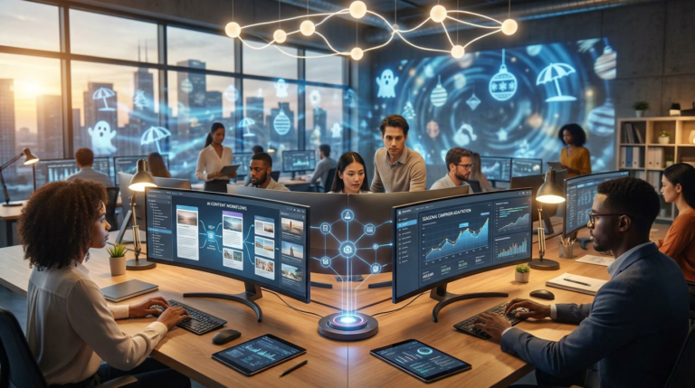 diverse team collaborating in a modern office with multiple screens showcasing ai content tool integration and data workflows.
