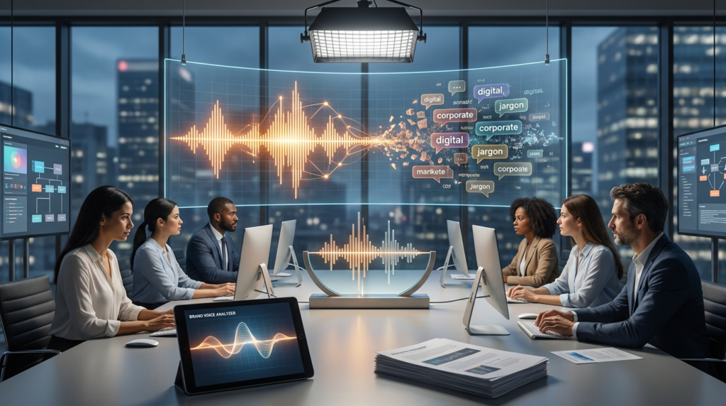 a team analyzing ai voice consistency with large visual waveforms and data on screens.