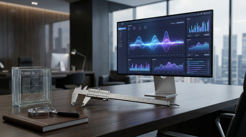 desktop monitor displaying ai writing benchmarks, with a caliper and magnifying glass on a brown desk.