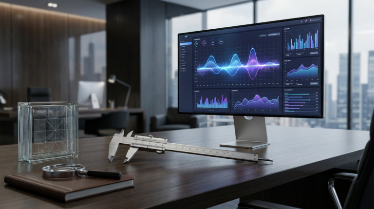 desktop monitor displaying ai writing benchmarks, with a caliper and magnifying glass on a brown desk.