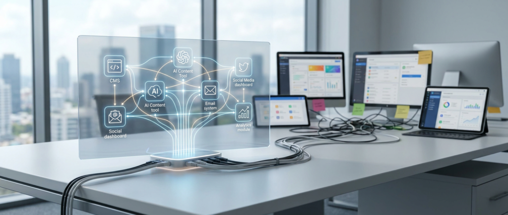 holographic data streams illustrating api integration planning for multiple business tools on a modern office desk.