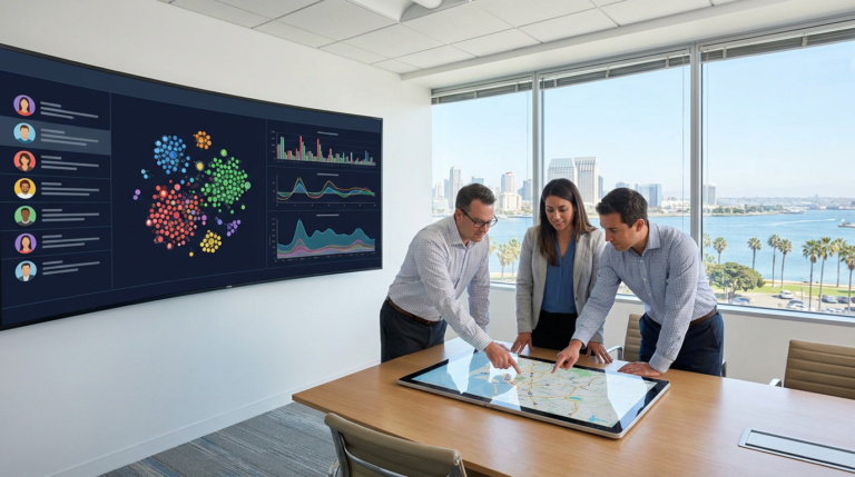 three professionals collaborate on an audience segmentation strategy with large interactive screens.