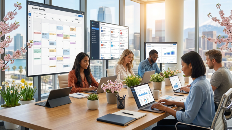 diverse team of professionals collaboratively working in an office, planning social media content generation.