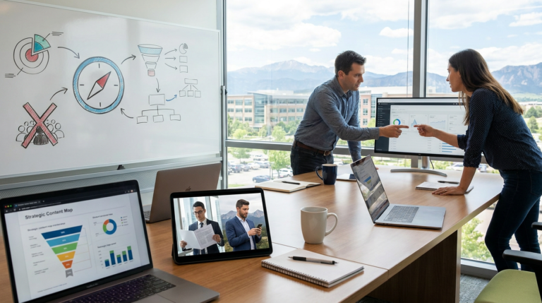 marketers discussing data on a monitor, with content maps visible on laptops, optimizing for blog lead generation.