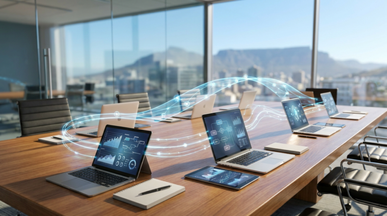 laptops on a conference table with glowing data streams, illustrating ai content workflows.