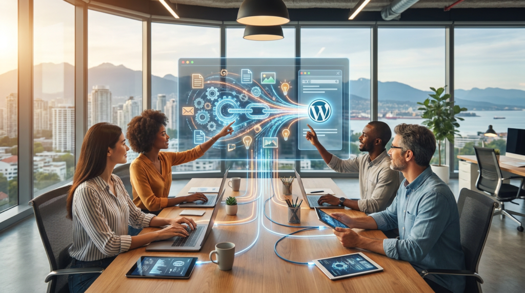 a team collaborating on a visual representation of a wordpress content pipeline, with data flowing from various icons to the wordpress logo.