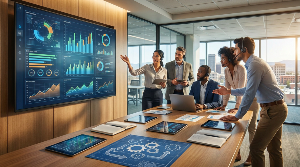 diverse team reviewing content analytics tracking on a large digital screen in a modern office.