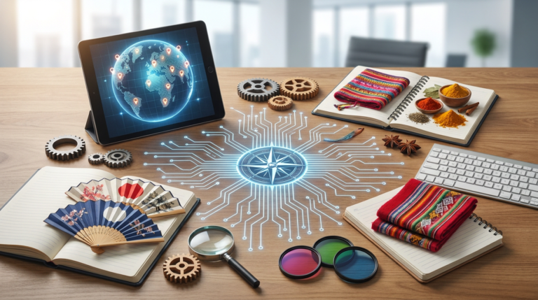 a tablet displaying a global map, cultural items, and a circuit board compass illustrating content localization techniques.