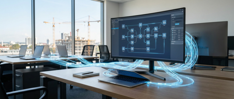 office desks with laptops and a monitor displaying content marketing software integration data flows.