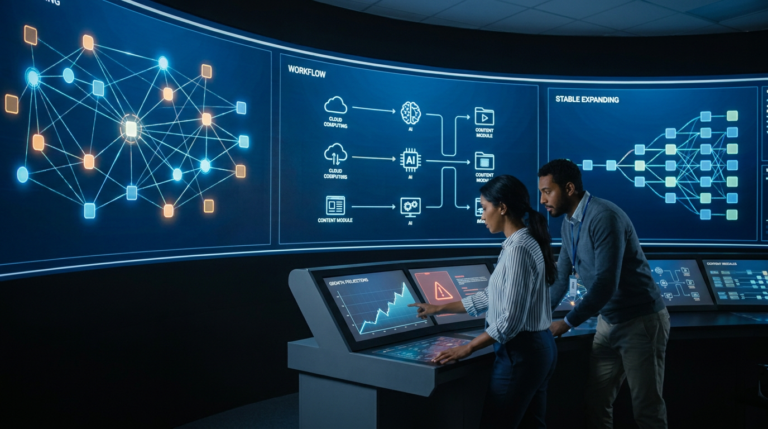 two people analyzing digital screens displaying diagrams and data for content marketing scalability.
