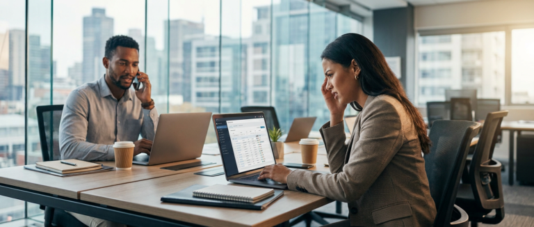 two professionals working on laptops in a modern office, one focused on content marketing software training.