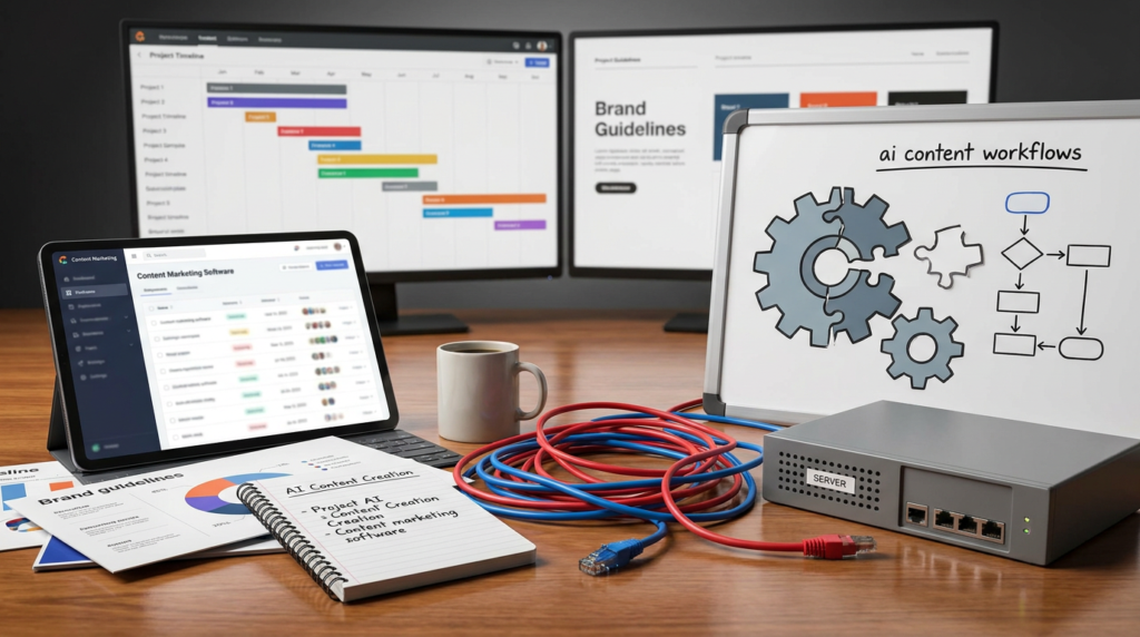 desktop setup with monitors displaying project timelines and brand guidelines, illustrating content production handoff workflows.