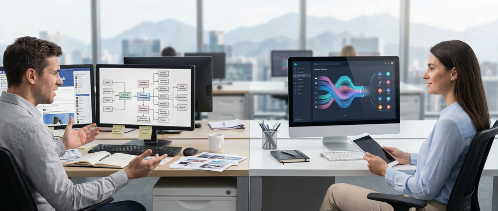 two colleagues discussing content repurposing automation, with screens displaying workflow diagrams and data pipelines.