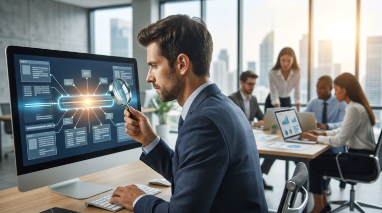man with a magnifying glass optimizing complex data for focus keyphrase optimization