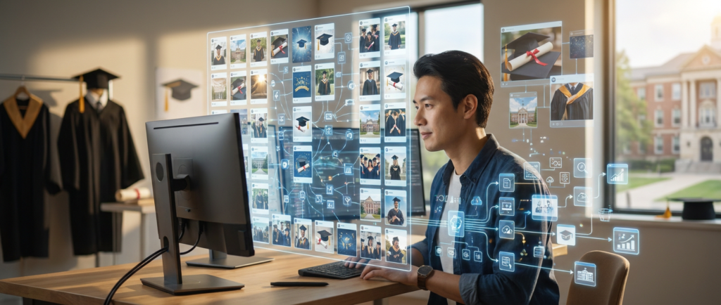 man using ai to create graduation content, with virtual screens showing photos, data flow, and a university building in the background.