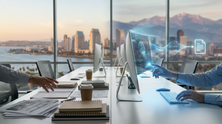 person using a computer with ai blog writers interface, creating documents, in an office overlooking a cityscape.