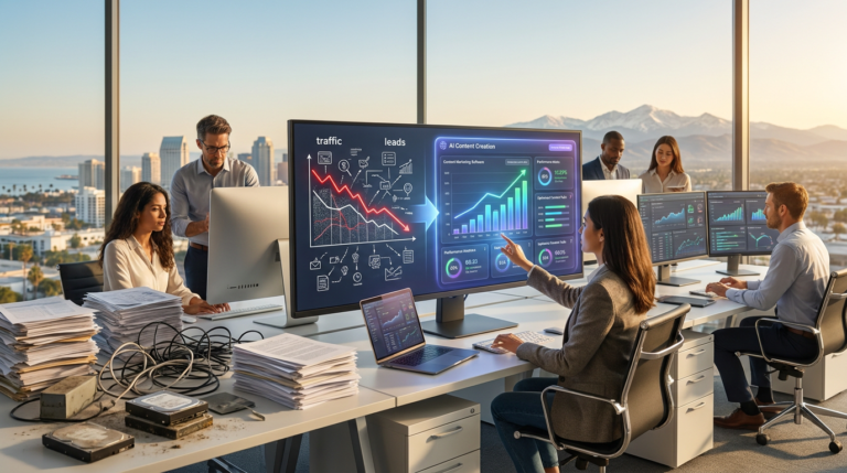 office workers using ai content creation software for a content seo audit, mountains in background