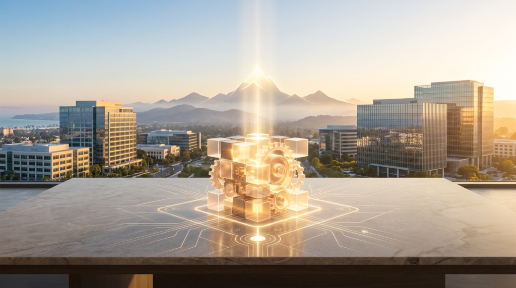 glowing abstract gears and cubes on a marble table with a city and mountains at sunset, representing seo blog optimization.