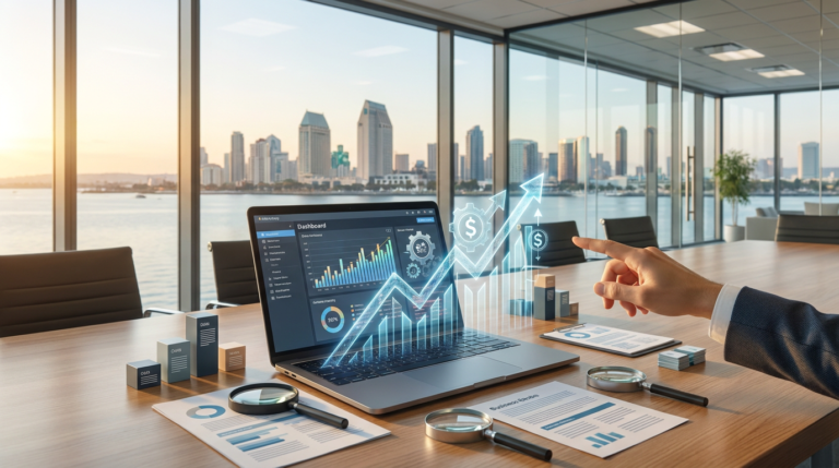hand pointing at a holographic financial chart with blog roi metrics from a laptop in an office overlooking a cityscape.