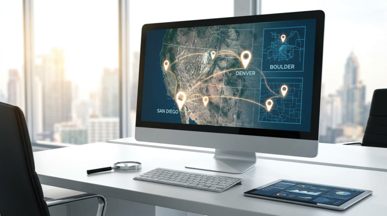 desktop monitor displaying city maps for city landing page optimization, with a tablet and keyboard.