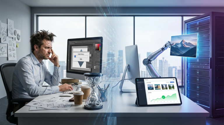 left: stressed designer with a slow computer. right: robot hand creating ai blog featured images.