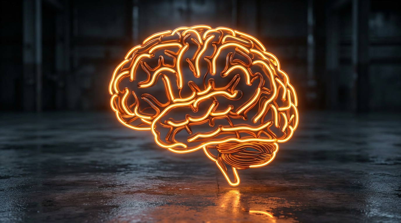 glowing orange neon brain against a dark background for professional business intelligence.