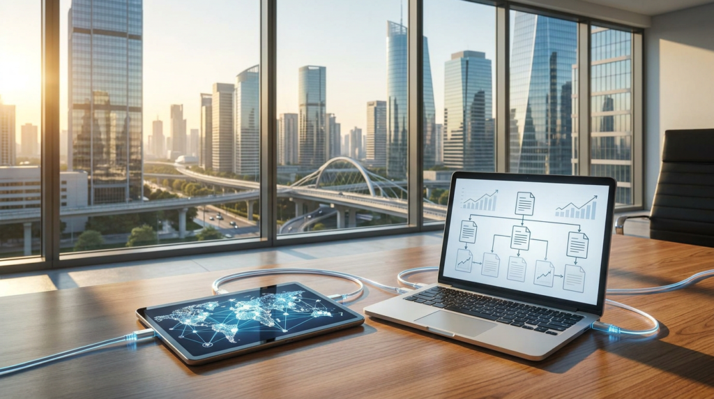 laptop showing internal linking seo diagram and tablet with a global network map.