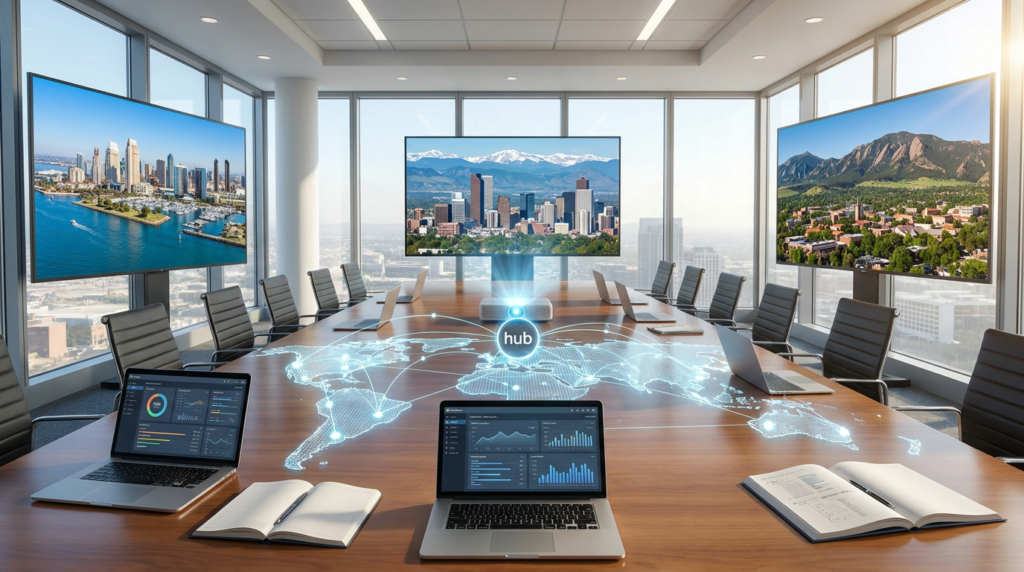 a conference room setup with screens displaying cities and a world map on the table, representing multi location seo.