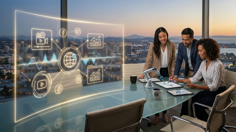 three diverse professionals in a conference room reviewing holographic content marketing trends 2026 data.