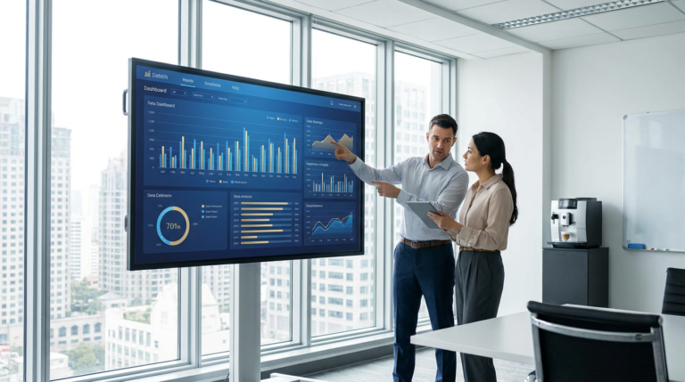two business people discussing content manager kpis on a large screen displaying marketing analytics.
