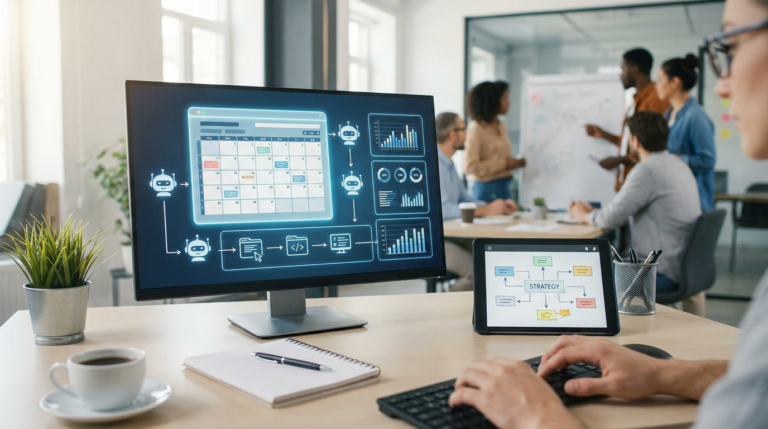 developer using an ai content calendar on a monitor with a strategy diagram on a tablet.