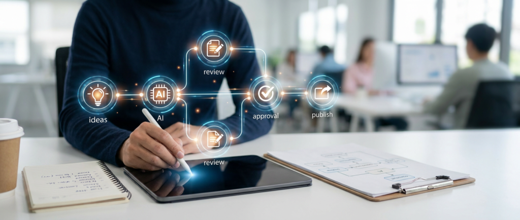 person using a stylus on a tablet alongside a content operations documentation flowchart