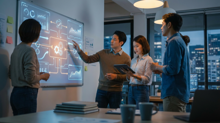 four people collaborating around a whiteboard with glowing workflow diagrams, enhancing content production velocity.