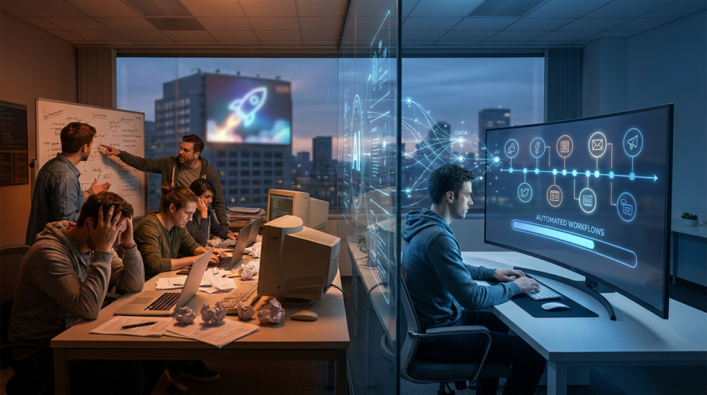 team brainstorms, while another manages automated product launch content on a curved monitor.