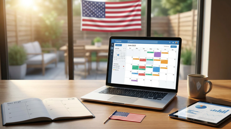 laptop displaying a june calendar for memorial day content schedule, with a small american flag.