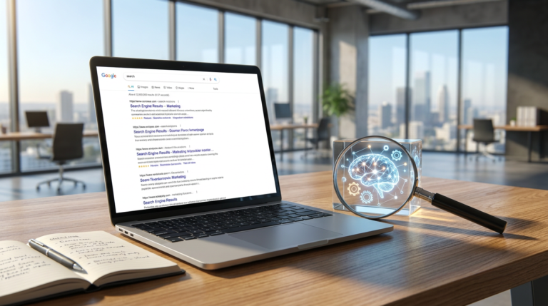 laptop displaying google search outcomes for meta description optimization, magnifying glass on desk.