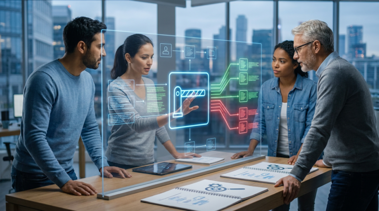 diverse team analyzing a holographic interface for ai content quality control processes.