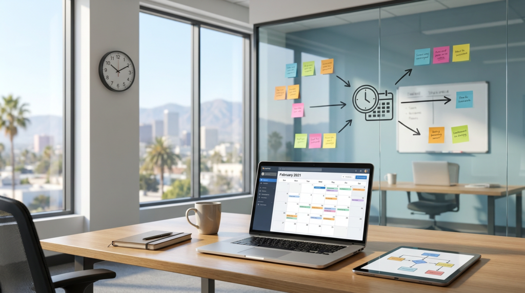 laptop displaying calendar for wordpress content scheduling in a modern office.