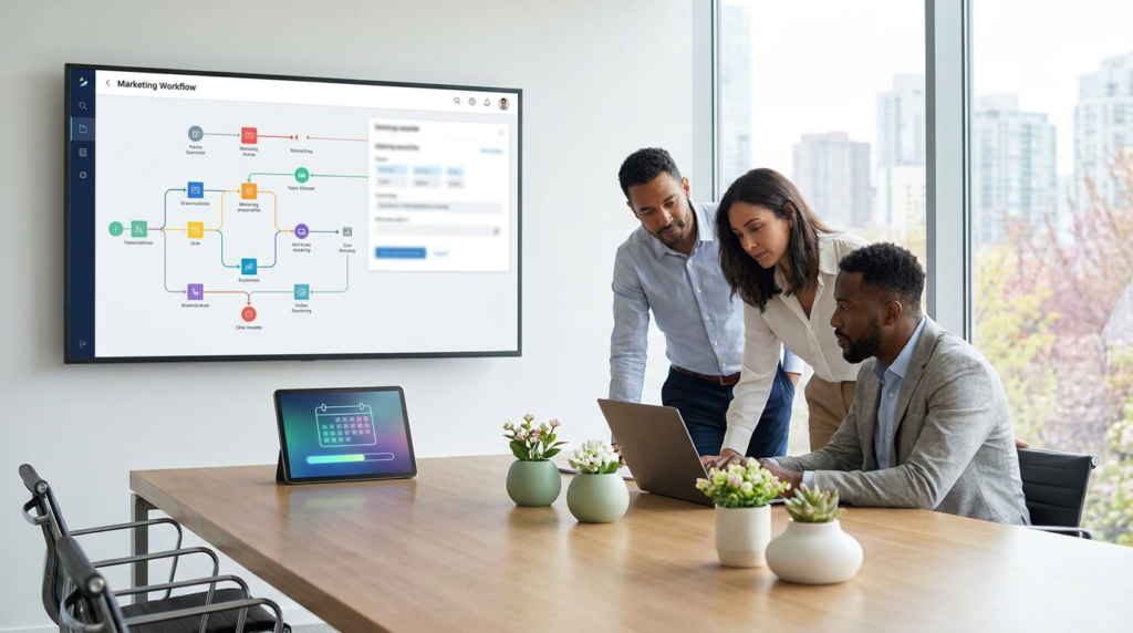 three people collaborating on a laptop with a large screen displaying spring campaign automation workflow.