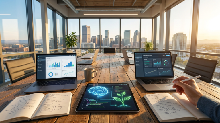 laptops and tablets displaying dashboards and ai content refresh strategies on a wooden conference table overlooking a cityscape.