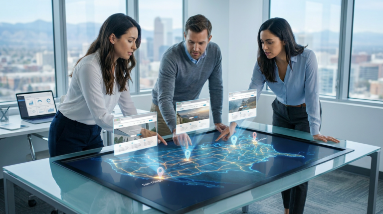 three people interacting with an interactive map table displaying location-based landing pages.