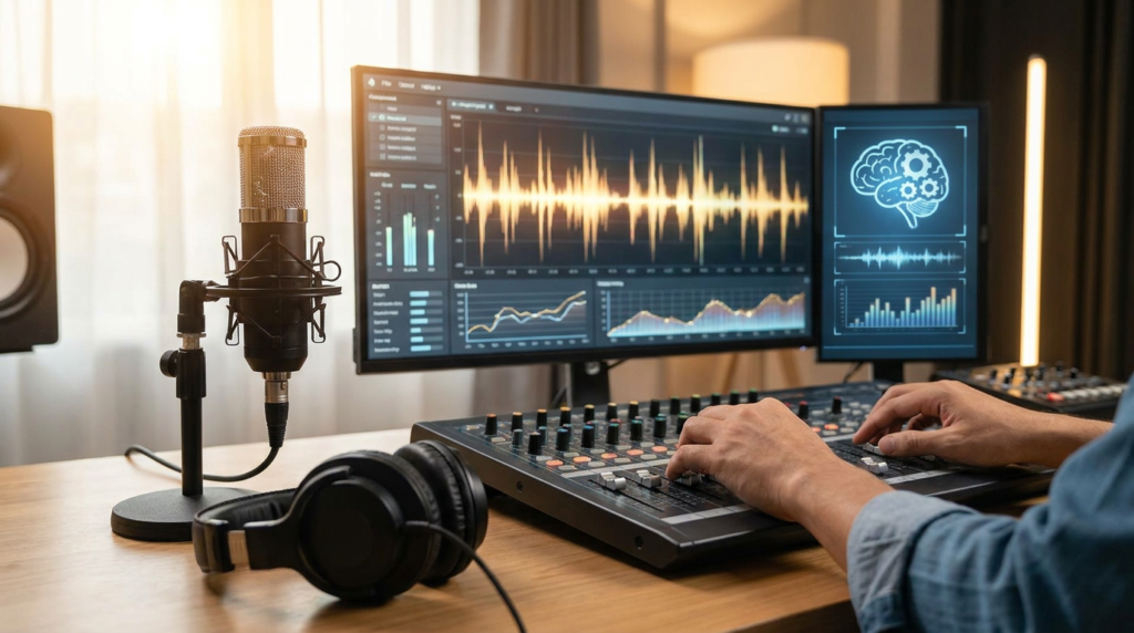 hands operating a sound mixer, dual monitors with audio waveforms, and a microphone, showing ai podcast creation tools.